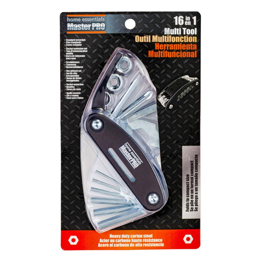 Master Pro 16-in-1 multi-tool in its retail blister packaging, featuring a compact steel tool with multiple integrated wrenches and screwdrivers on a black diamond-textured card backing.