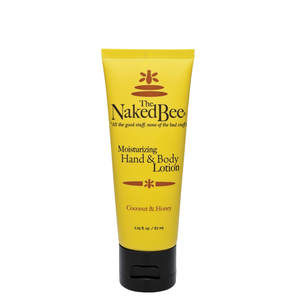 Yellow tube of Naked Bee moisturizing hand and body lotion on a white background