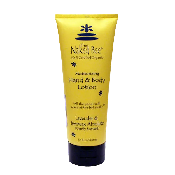 Yellow tube of 'The Naked Bee' moisturizing hand & body lotion on a white background