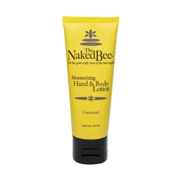 Yellow tube of Naked Bee moisturizing hand and body lotion on a white background