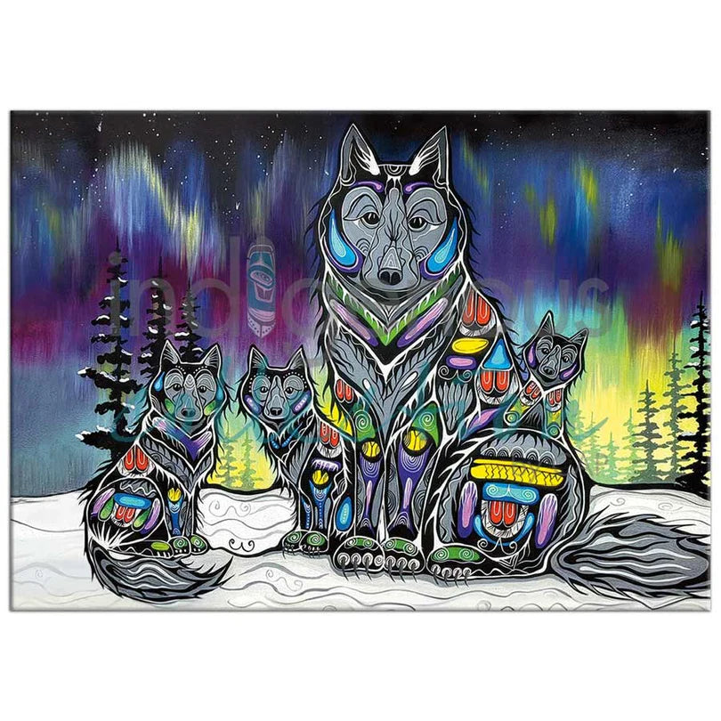 Wolves sitting in front of northern lights on a magnet