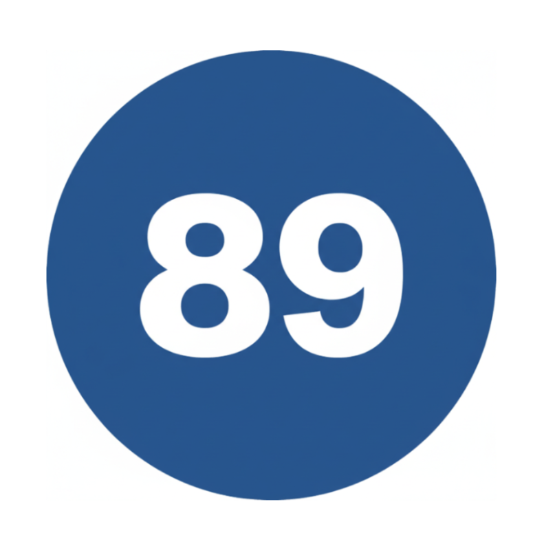 number 89 with blue circle background