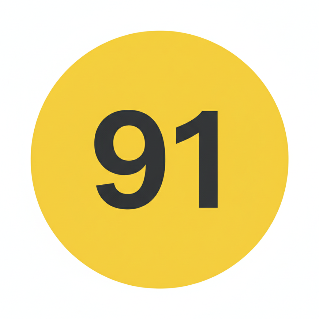 number 91 with yellow background circle