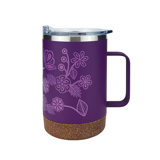 Purple travel mug with floral design and cork base on a white background