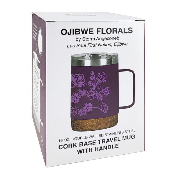 Cork base travel mug with handle packaging featuring Ojibwe Florals branding.
