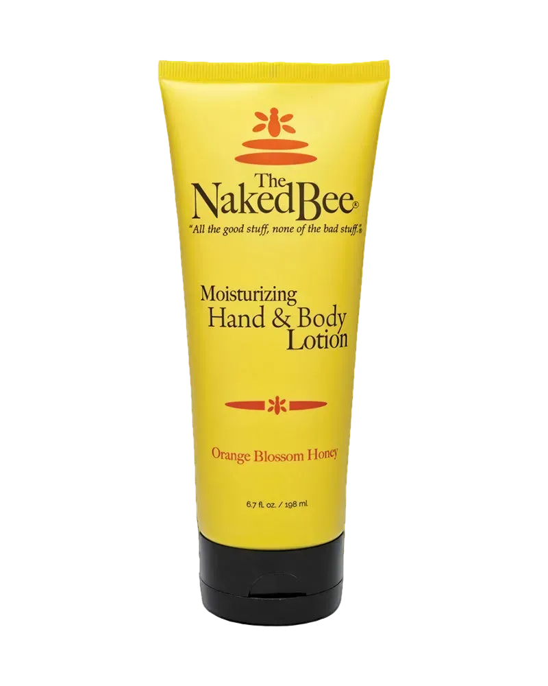 Yellow tube of 'The Naked Bee' moisturizing hand and body lotion on a white background
