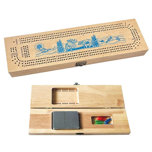 Wooden cribbage board with blue designs on a white background