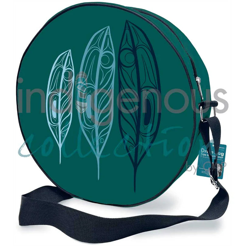 Green round bag with feather designs and a strap on a white background
