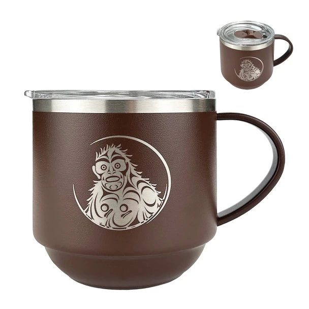 Brown insulated mug with silver lid and engraved design on a white background