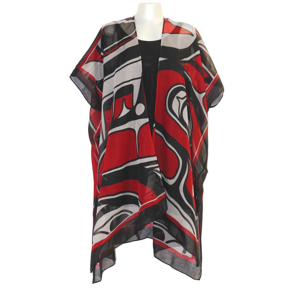 Red, black, and gray patterned scarf on a white background