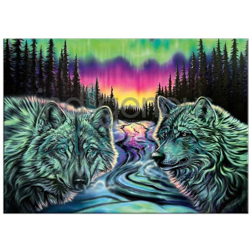 Wolves in front of a forest background with northern lights