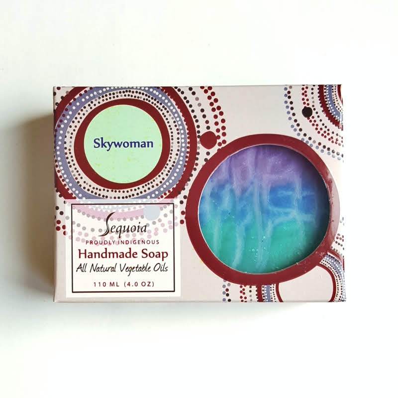 Handmade soap packaging with 'Skywoman' branding on a white background