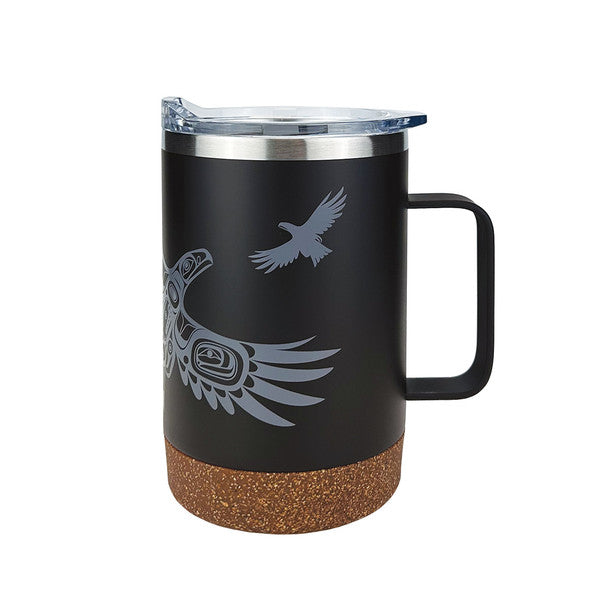 Black travel mug with cork base and eagle design on a white background