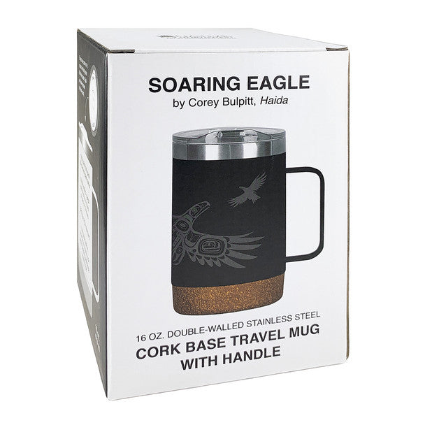 Travel mug with cork base and handle, packaging labeled 'Soaring Eagle' by Corey Bul Pitt, Haida.