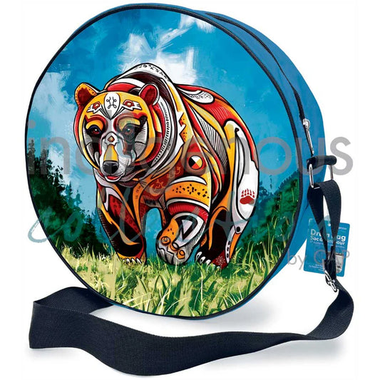 Round bag with a colorful bear design on a blue sky background