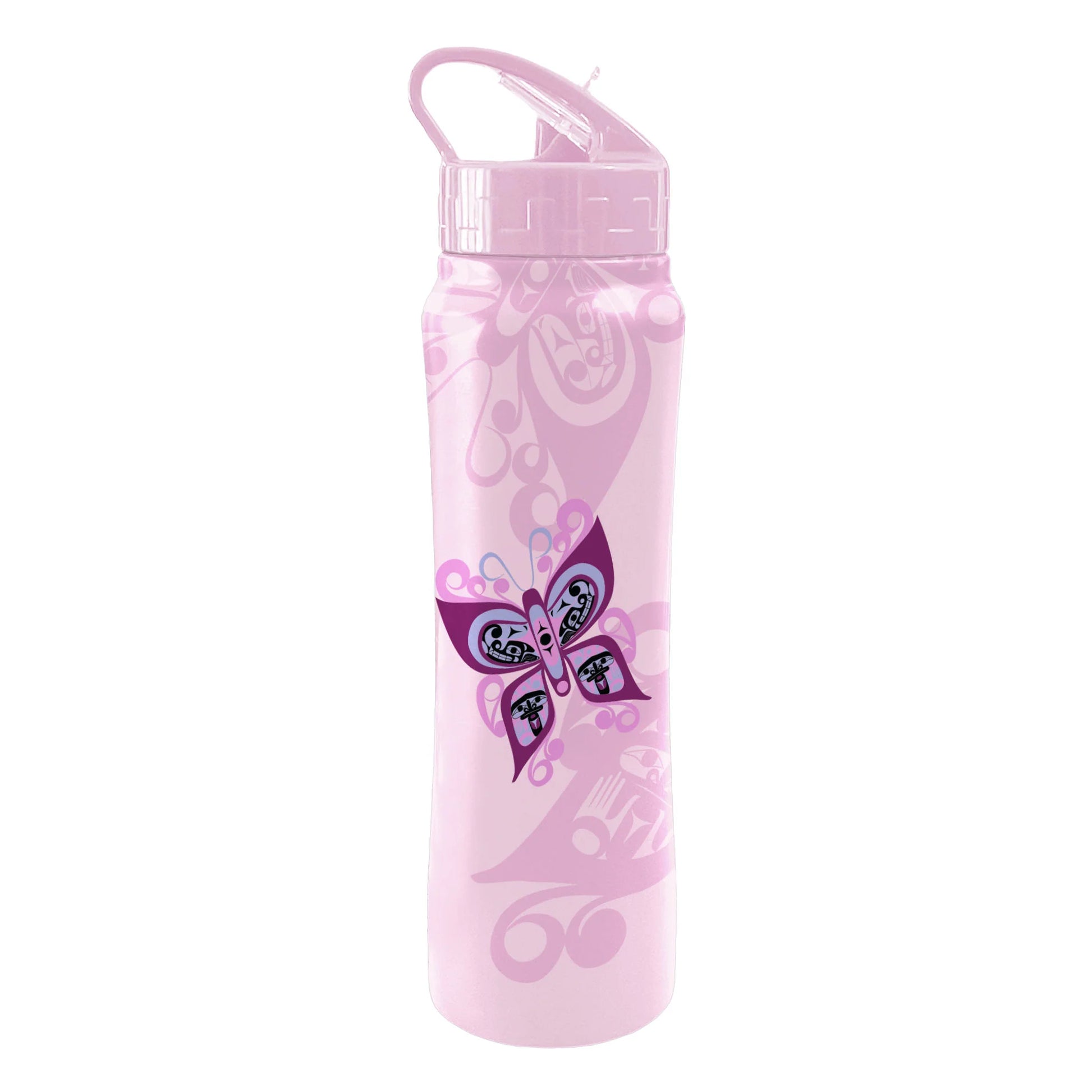 Celebration of Life Indigenous art sport bottle by Francis Dick Kwakwaka'wakw artist, front view with butterfly design