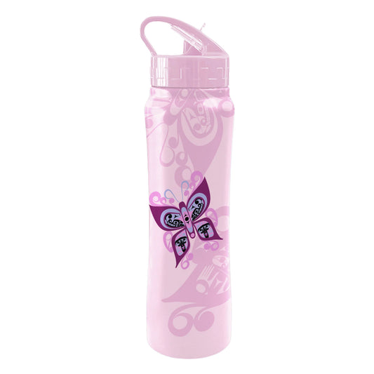 Celebration of Life Indigenous art sport bottle by Francis Dick Kwakwaka'wakw artist, front view with butterfly design