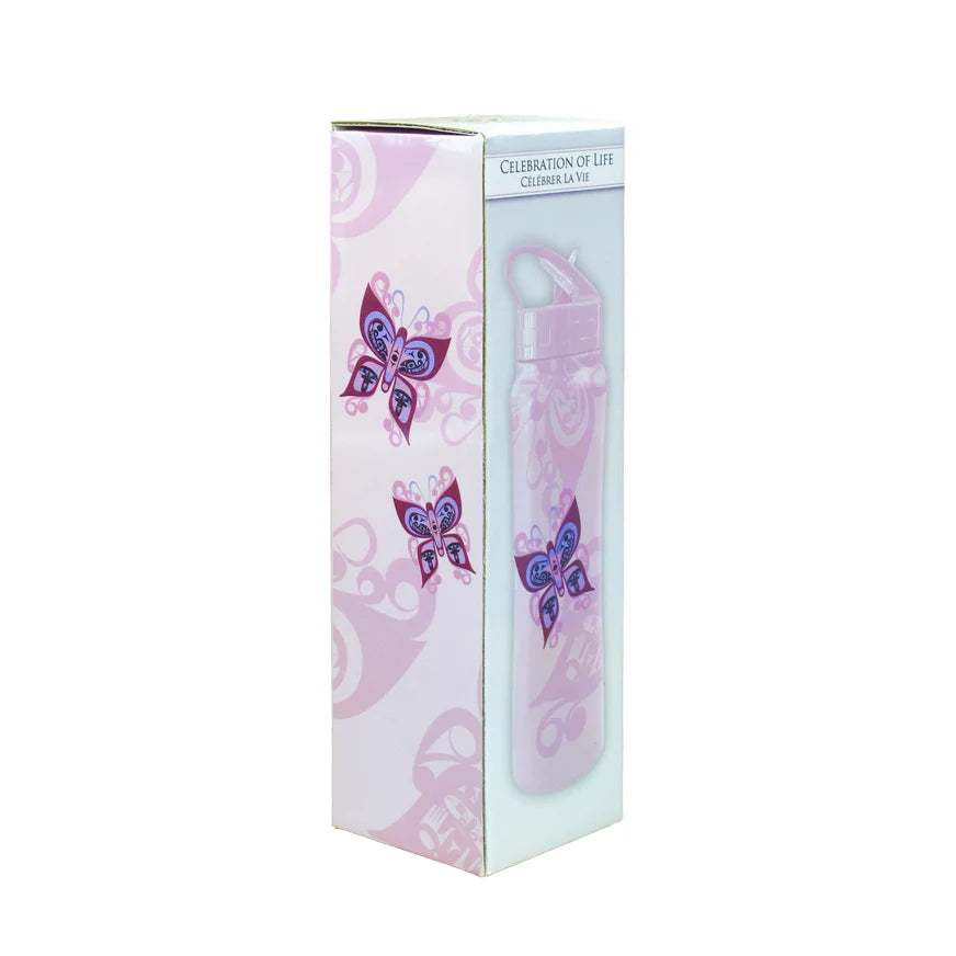 Celebration of Life sport bottle packaging, double-wall stainless steel 750ml with butterfly artwork by Francis Dick