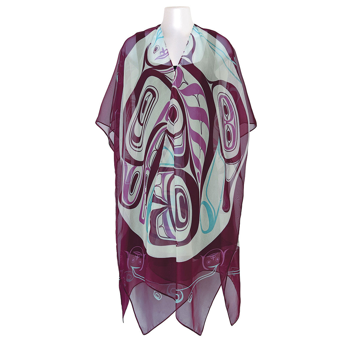 Purple and white patterned scarf on a mannequin against a white background