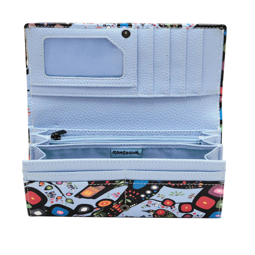 Open wallet with colorful floral pattern on a white background