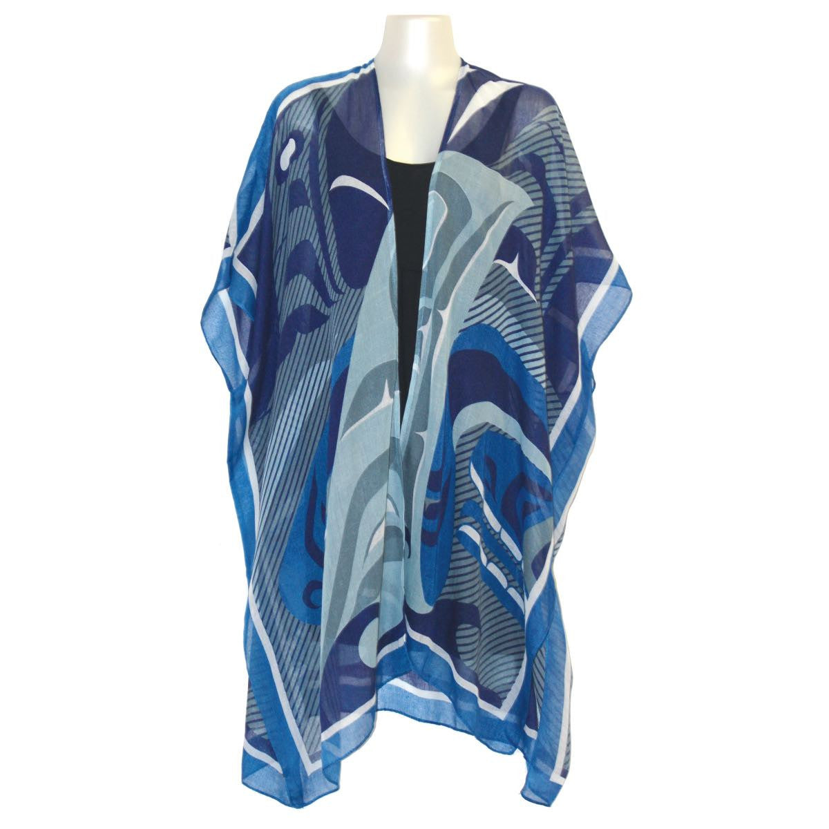Blue patterned scarf on a mannequin against a white background