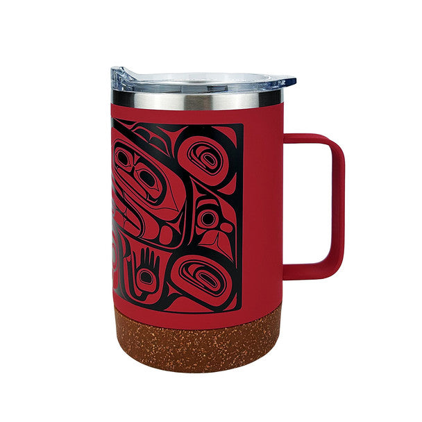 Red mug with black tribal design on a white background