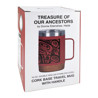 Cork base travel mug with handle packaging featuring Tribal design