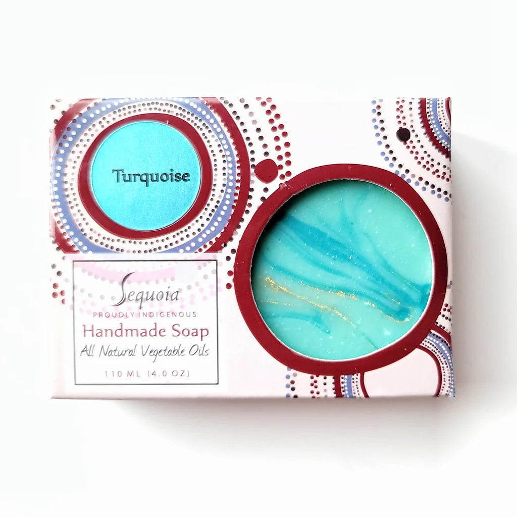 Handmade soap bar in a decorative box with 'Turquoise' label on a white background
