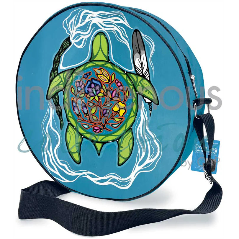 Round bag with a colorful turtle design on a blue background