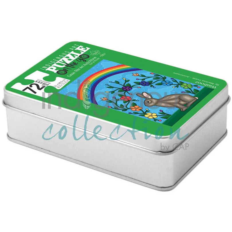 Jigsaw puzzle tin with a rabbit and rainbow design on a white background