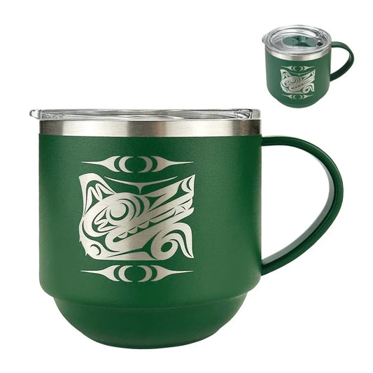 Green insulated mug with white tribal design on a white background