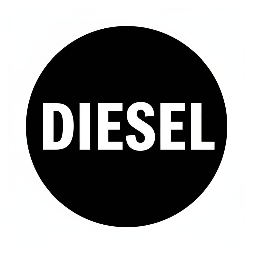word diesel with black circle background