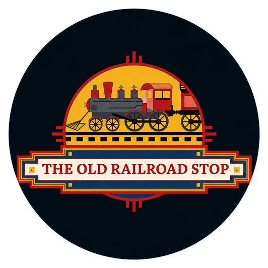 Logo of 'The Old Railroad Stop' with a vintage train design on a white background